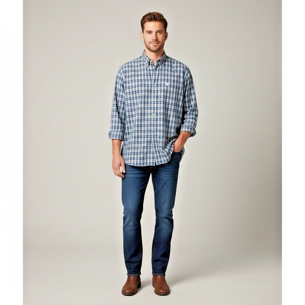 Vintage Johnathan Stewart Mens Size XL Blue Plaid Button Up Shirt Long Sleeve